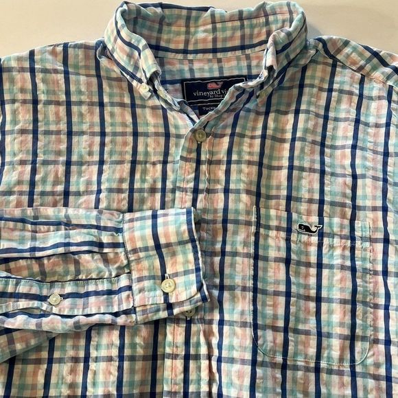 Vineyard Vines Tucker Button Up Shirt Mens Med Blue Pink Windowpane Plaid Whale - Picture 4 of 9